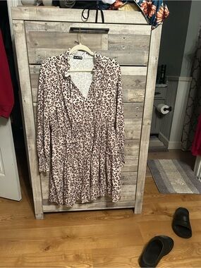 Pink Animal Print Long-Sleeve Tiered Dress